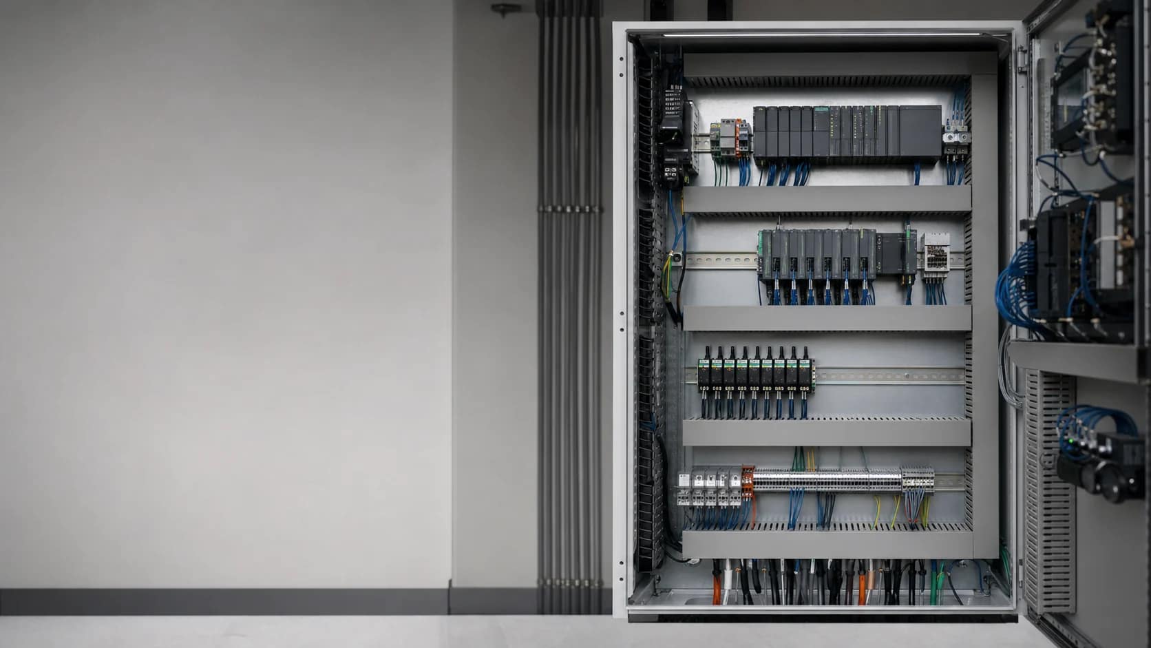 Automação predial, industrial e residencial | Schaltz Engenharia Painel de automação com CLP, relés e cabeamento organizado