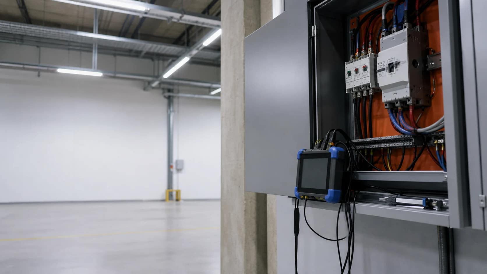 Eficiência energética para empresas | Schaltz Engenharia Analisador de energia conectado a painel elétrico para diagnóstico técnico