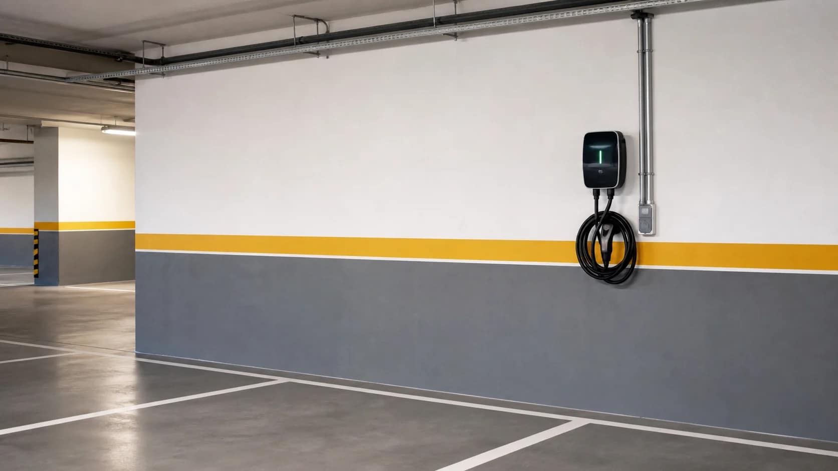 Ponto de recarga para veículos elétricos em estacionamento corporativo