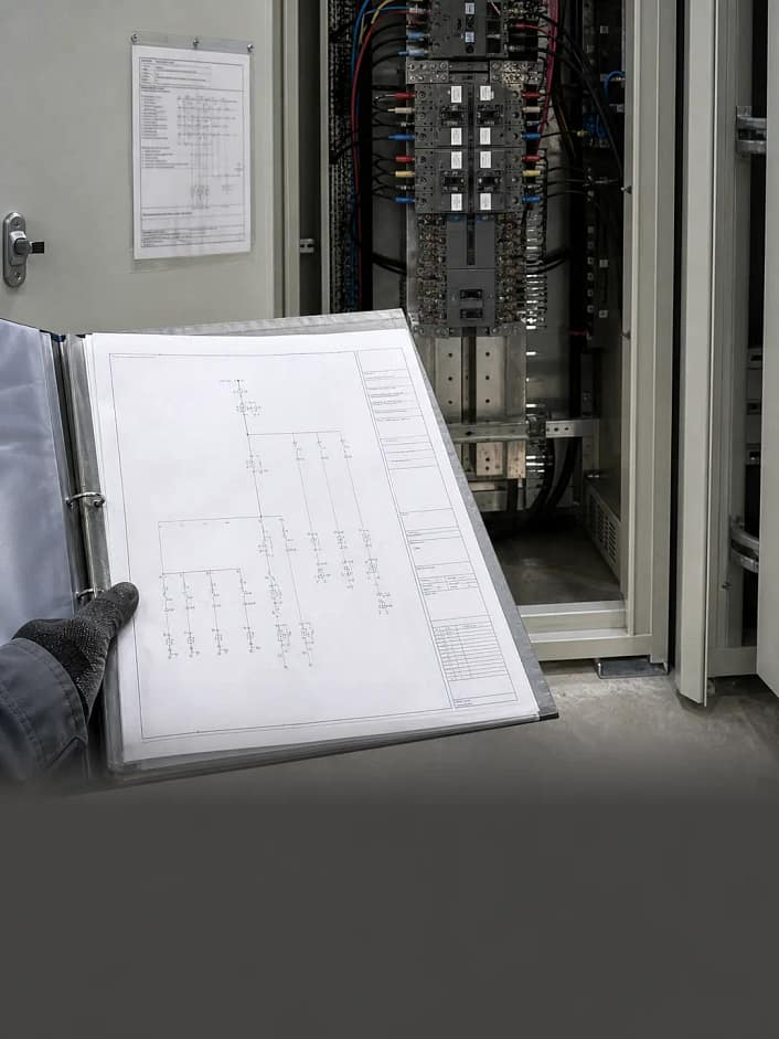 Prontuário de instalações elétricas e documentação técnica | Schaltz Engenharia Diagrama unifilar e painel elétrico aberto conferidos para prontuário de instalações elétricas