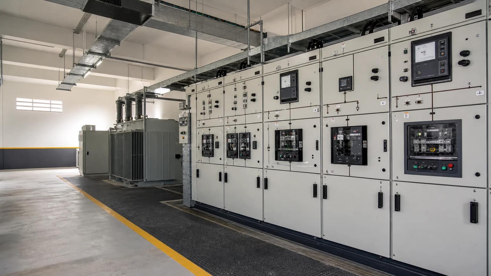 Subestações e potência elétrica | Schaltz Engenharia Subestação de média tensão com transformador e painéis elétricos