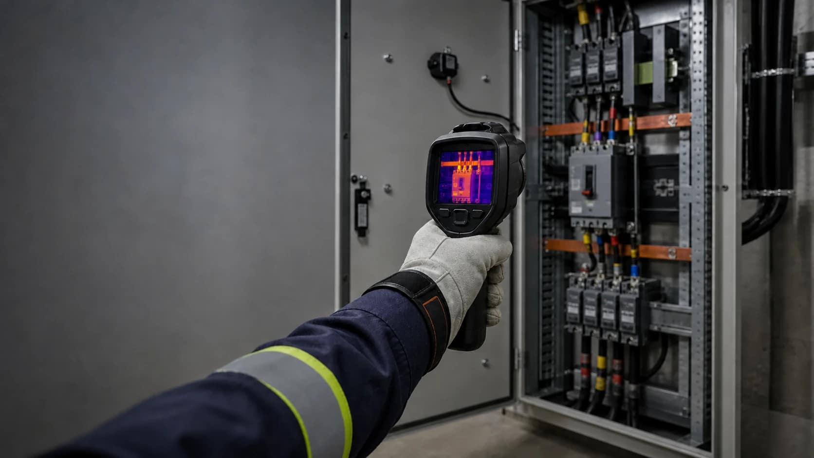 Termografia elétrica | Schaltz Engenharia Técnico com câmera termográfica inspecionando painel elétrico aberto sob carga